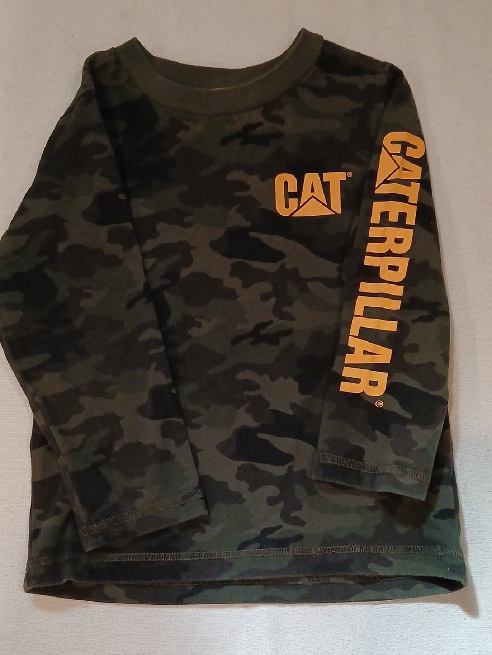 Caterpillar Boys' Olive Camo Long Sleeve Tee with Yellow Logo